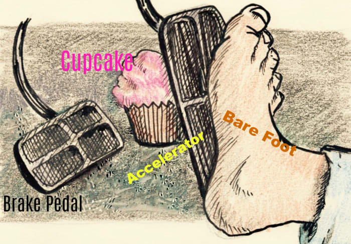 Light pressure on the gas pedal conserves fuel and keeps the cupcake from being squashed. Leaving shoes at home saves weight. The cupcake actually should be between the pedal and the foot, but the foot model protested.