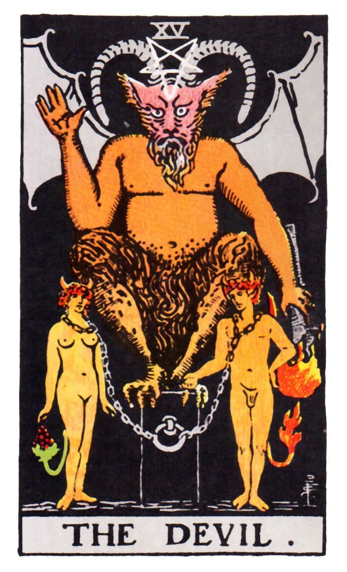 This famous Tarot card is symbolic, not literal. It shows people voluntarily chained to their choice of "the devil they know" over "the devil they don't." It represents surrender to a bad habit, temptation, or negativity.