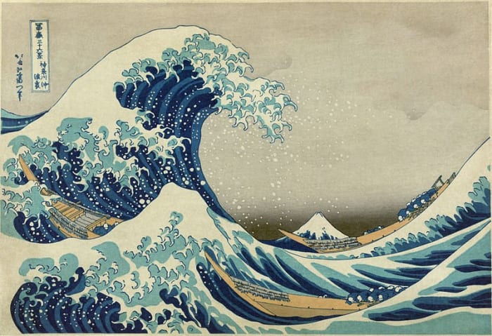 "The Great Wave off Kanagawa" (literally titled "Under a Wave off Kanagawa") by Katsushika Hokusai (1760-1849). First published sometime between 1826 and 1833 and is one of the most famous works of Japanese art.