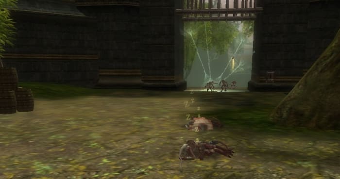 A kobold chieftain and his companion doze off the effects of a magic-user's Sleep spell. Meanwhile, two kobolds struggle to free themselves from a well-placed Web.