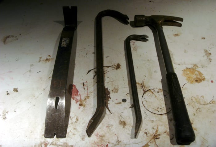 Tools taken to the job. The small prybar was useful for removing staples; the middle one was not used at all.