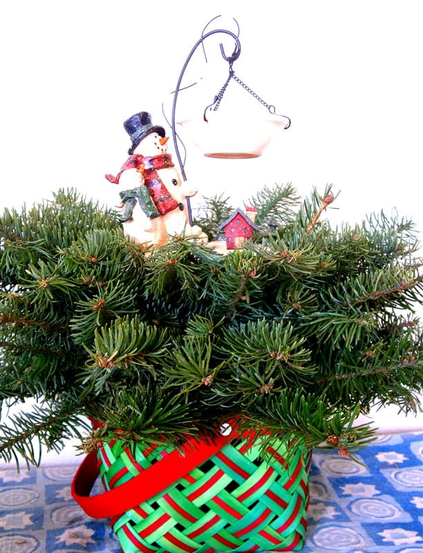 The only cost here is the basket container ($2.00), Snowman ($5.99) and floral foam--$1. Total: $8.99