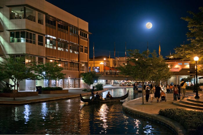 Pueblo Downtown Riverwalk Historic and Business District at night.