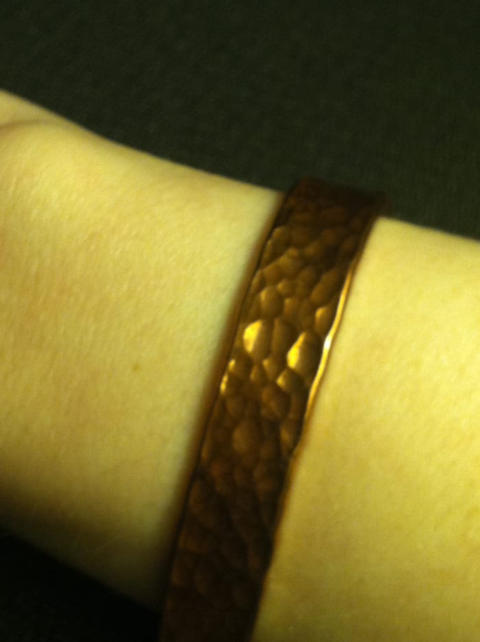 Pure copper bracelet, lined with clear nail polish to prevent oxidation (tarnish) from turning my wrist area green.