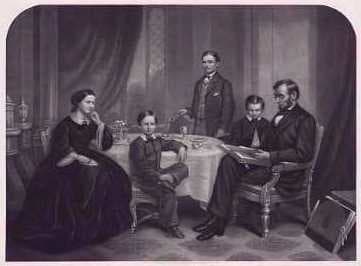 Abraham and Mary with their sons Thomas (Tad), Robert and William (Willie). Note: This is a painting by the artist Francis Carpenter. Lincoln never took a photo with his entire family or one alone with his wife.