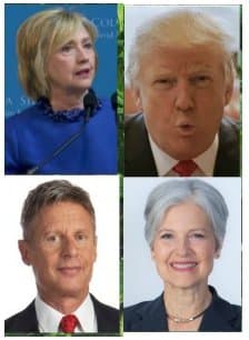 Montage of the Four Leading Candidates that most United States voters will see on their ballot. Originally from http://fermentation-com.wpengine.netdna-cdn.com/wp-content/uploads/president2016.jpg