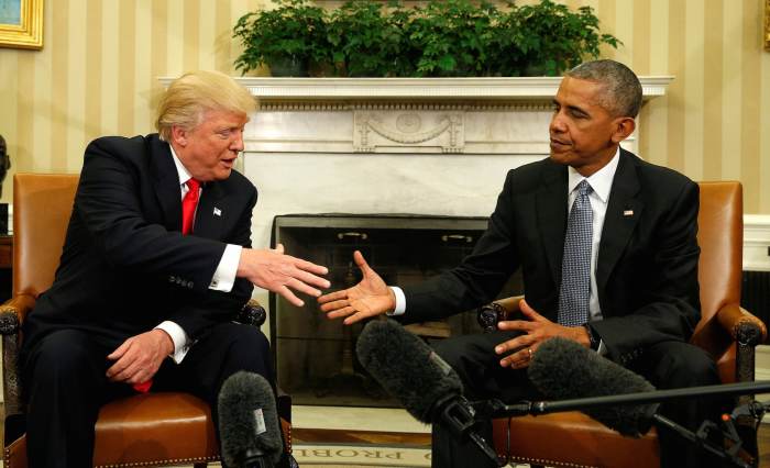 President Obama and President Elect Trump shake hands after their first meeting on Thursday, November 10.