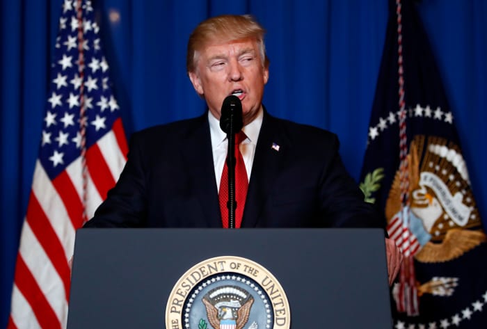 Trump appears Thursday night at a press conference, announcing the strike, at Mar-a-Lago in Florida.