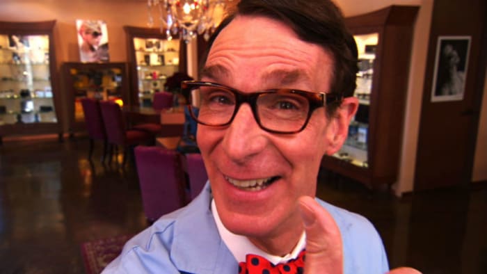 Bill Nye, dressed in the costume he wore whilst recording his critic-acclaimed "Bill Nye, the Science Guy" TV show.
