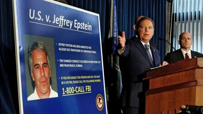 FBI press conference announcing the July 6, 2019 arrest of Jeffrey Epstein on child trafficking charges.