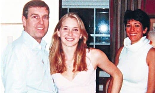 Disputed photograph which Prince Andrew calls a Photoshop, contending he never met Virginia Roberts Giuffre. Maxwell appears to be standing in the background.