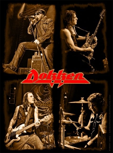 Dokken 2012 touring lineup, clockwise from top left: Don Dokken (vocals), Jon Levin (guitar), "Wild" Mick Brown (drums), Sean McNabb (bass). As of 2015, McNabb has since been replaced by Chris McCarvill.