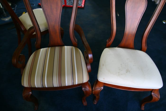 Give old, stained chairs a spiffy new look with new upholstery fabric. Reupholstering chairs is an easy DIY project anyone can do!