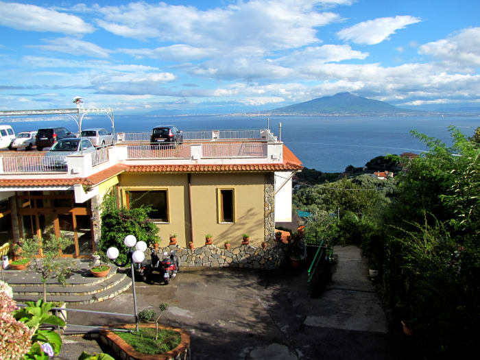 Il Nido, located in the Hills above Sorrento. Fantastic view and great breakfast. That's Mt. Vesuvius out there. Paid 90 euro per night.