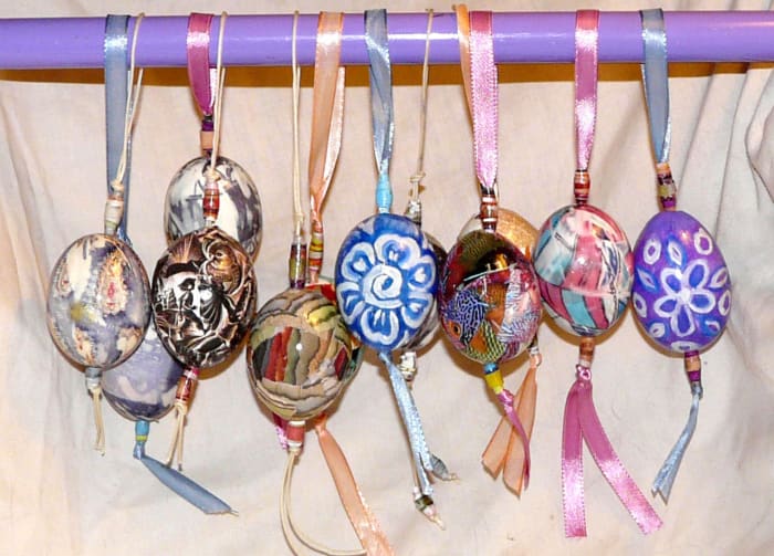 These non-traditional Easter egg ornaments can be displayed at any time of the year. Some would make great Christmas ornaments.