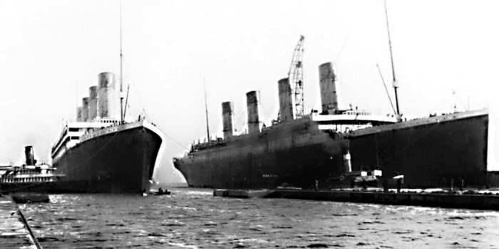 In this picture taken on 6th March 1912, Titanic (on the right) rests alongside sister ship Olympic, which was launched in October 1910. A third sister ship, The Britannic, would launch in 1914.
