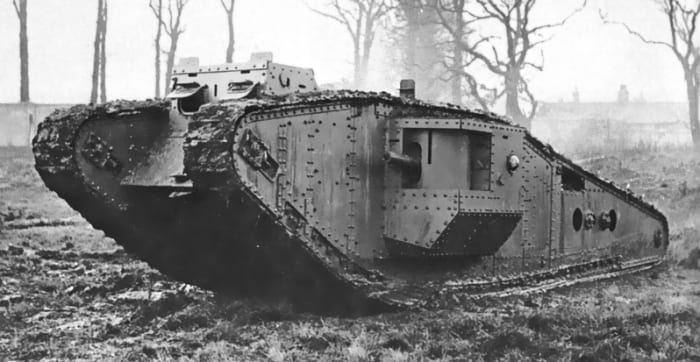 WW1: British Mark IV (Tadpole) tank - A Mark IV with an extended 'Tadpole' tail designed to increase it's trench-crossing ability.