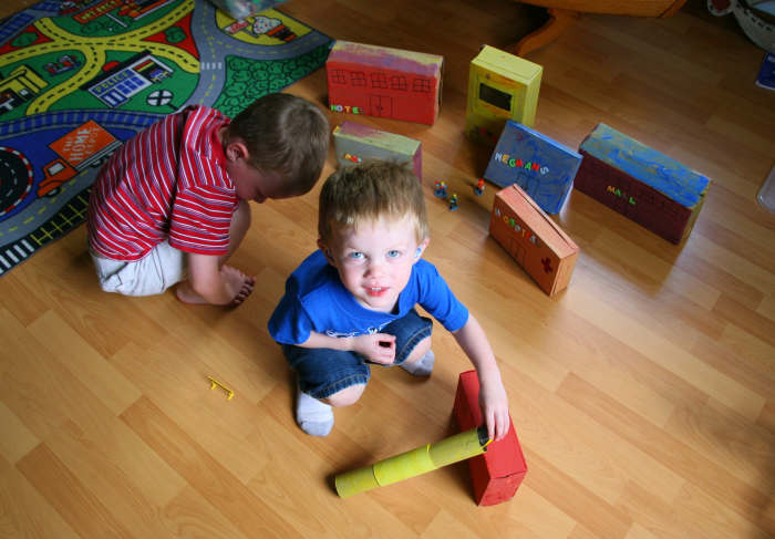 Don't have blocks? Try making some out of recycled cardboard boxes. My son (age three in this picture) spent hours designing and playing with his "cardboard city!"