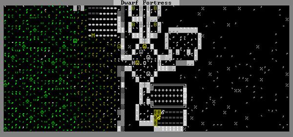 A fairly typical Dwarf Fortress early embark. Green periods and commas are grasses or other ground cover. Green spades are trees. The multicolored smilies are our stalwart dwarves. in the lower center, we see a food stockpile.