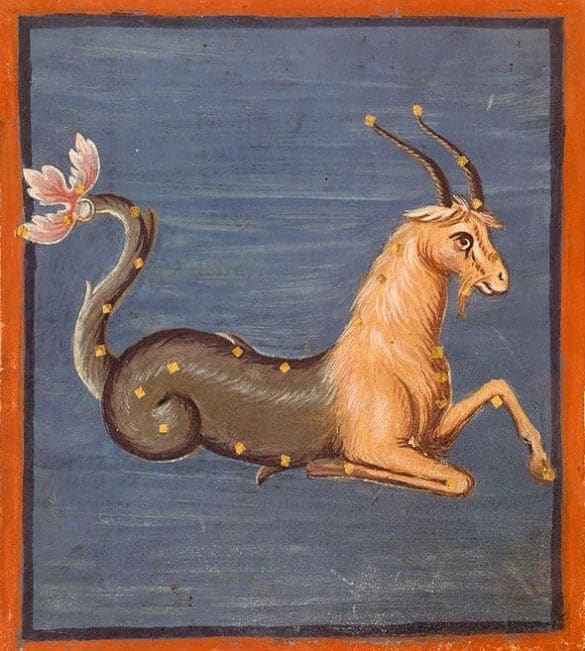 Capricorn the sea-goat was once the great Caldean god of creation, Ea, able to live on both land and sea. O último da sua espécie, foi colocado entre as estrelas.