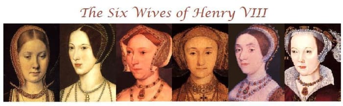 Left to right: Katherine of Aragon; Anne Boleyn; Jane Seymour; Anne of Cleves; Katherine Howard; Catherine Parr.