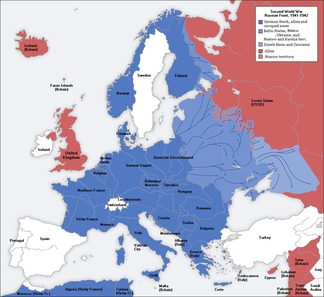 WW2: Switzerland (white) surrounded by territory controlled by the Axis Powers (blue) from 1940 to 1944.