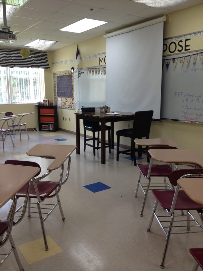 A pale yellow wall color allows teachers to display a variety of colors without too much of a contrast.