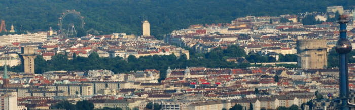 Flak tower complex in Augarten, Vienna. L-Tower on the far left and G-Tower on the far right.