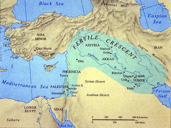 A map depicting the greatest extent of the Mesopotamian empire, shown in green. The area is also known as the fertile crescent.