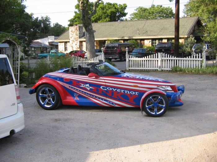 Passion has been cited as the motivation to many things. The owner of this car can be said to be 'passionate' about Kinky Friedman.