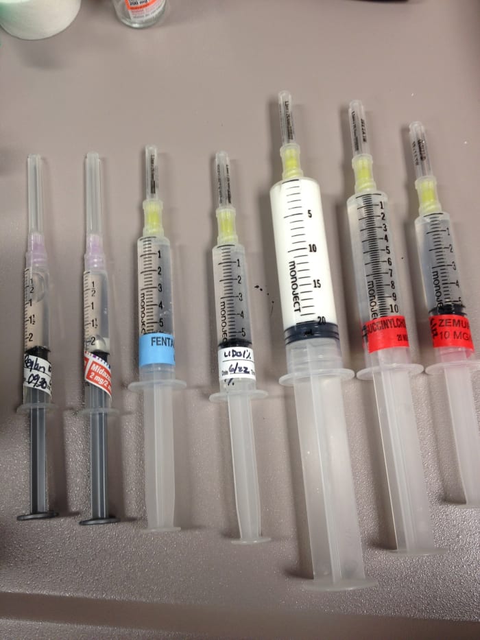 Shown are some of the intravenous medications that may be used during a general anesthetic, including succinylcholine and vecuronium.