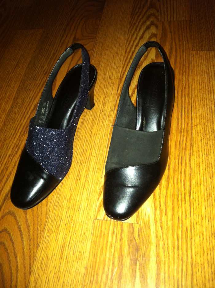 Before (right) and after (left) picture comparing the upcycled glittered shoe to the old, worn-out felted shoe.