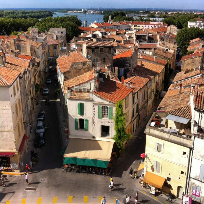 A view of Arles and the Rhône River from the Amphitheater tower looking north.