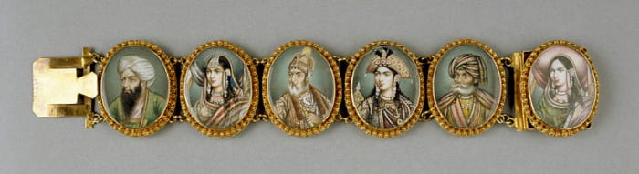This Mughal bracelet consists of miniature portrait paintings of Mughal emperors and empresses