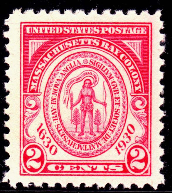 1930 United States two cent stamp commemorating the 300th anniversary of the founding of Massachusetts Bay Colony.