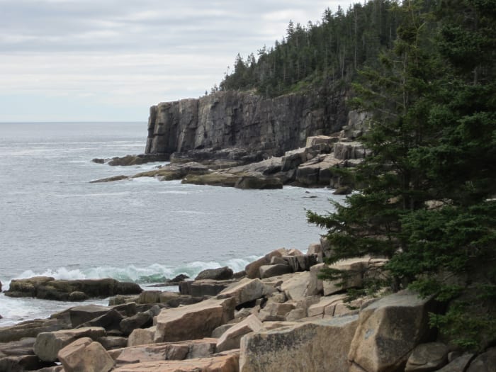 Rocky shore along Ocean Path with Otter Cliffs in the distance. Acadia National Park, Bar Harbor, Maine