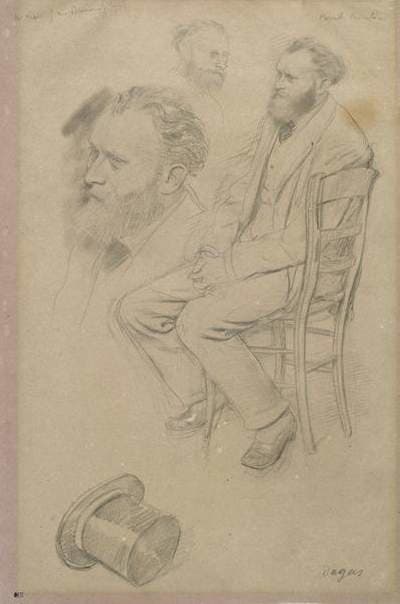 This is an early sketch, where the artist, in addition to rendering a full figure, adds two alternate heads and a top hat. In "Portrait of Edouard Manet sitting in a chair" Degas is elaborating his ideas without worrying about creating a final piece.