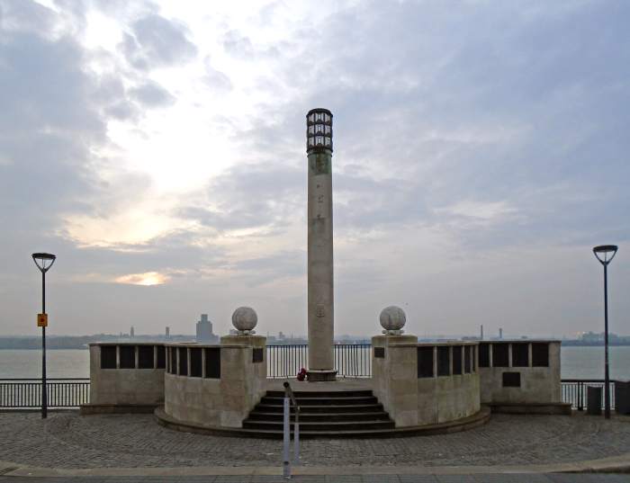 The Liverpool Naval Memorial. The inscription reads, "These officers and men of the Merchant Navy died while serving with the Royal Navy and have no grave but the sea 1939–1945".
