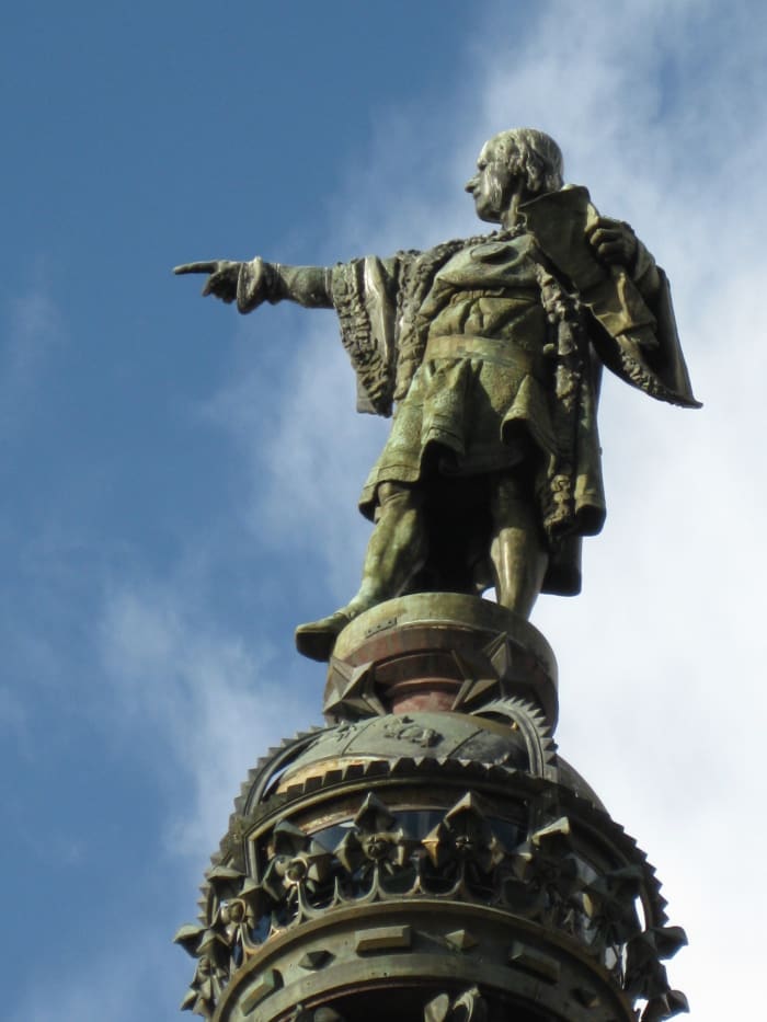 Christopher Columbus overlooking Barcelona Harbor in Barcelona, Spain