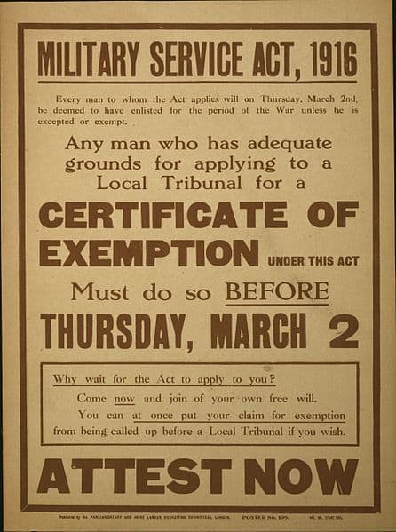 Conscription poster urging men to apply early if they had grounds for exemption.