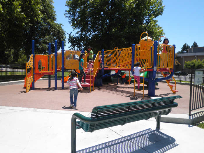 A playground in Fremont, California using a poured playground surface made from recycled scrap tires.