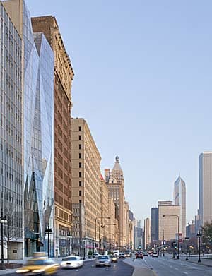 Looking north at the Michigan Avenue streetwall, a 12-block stretch of historic buildings facing Grant Park.