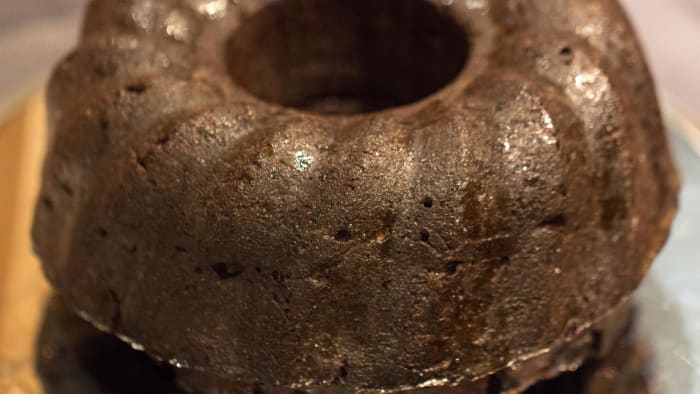 Dark chocolate bundt cake with a strong coffee-Kahlua glaze—decadent!