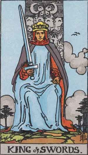 The King of Swords - Rider-Waite tarot deck. Copyright-free Pamela A version c1909.