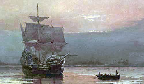 "Mayflower in Plymouth Harbor," by William Halsall, 1882 at Pilgrim Hall Museum, Plymouth, Massachusetts, USA,