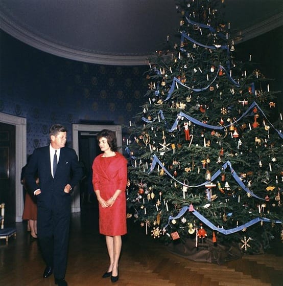 President and Mrs. Kennedy in front of the White House Christmas Tree, December 13, 1961