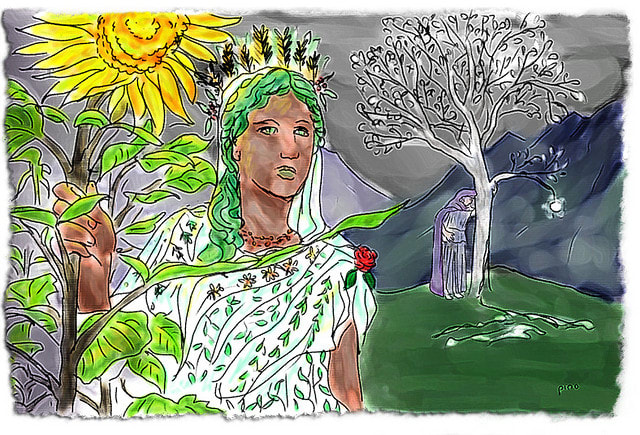 Yavanna bearing the Sun-flower from one of the two dying Trees of Light. (Nienna weeps for the other tree, Nimloth, from which came the Moon.)
