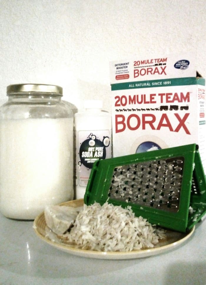 All natural liquid laundry soap - the finished product, and the ingredients I use to make it!
