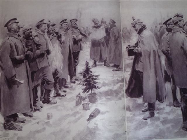 "British and German Soldiers arm-in-arm and exchanging headgear." - Illustration from The Illustrated London News, January 9, 1915