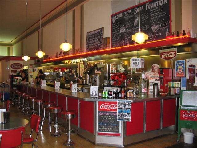 The lunch counter in a former Woolworth's, Asheville NC. The store is now a gallery for local artists.